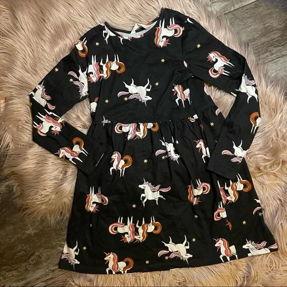 knee length dresses for ladies Villervalla Organic Long Sleeve Dropped Hem Dress- Unicorn, Bloom 2Y (92)